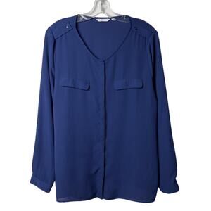 Dockers Women's Blouse Size PXL Navy Blue Button Up Top Long Sleeve Semi Sheer